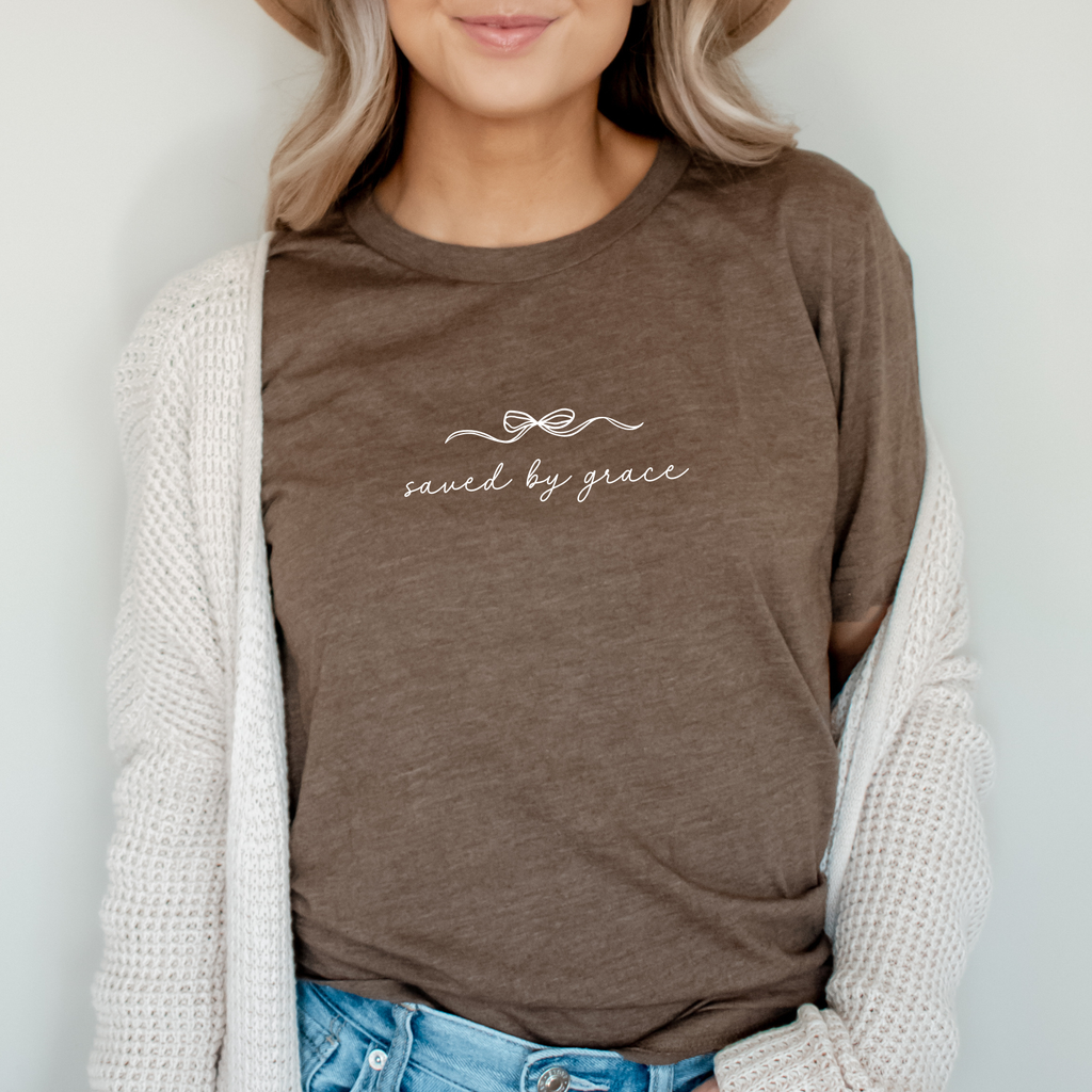 Faith & Life Christian Brands - Saved By Grace Easter Spring Women's Christian Bow T-Shirt