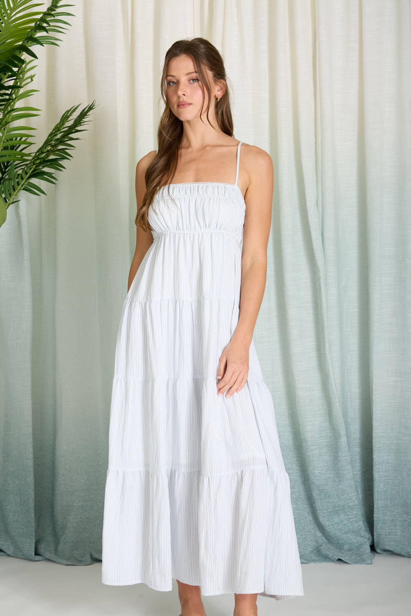 PLUS STRIPE SHIRRED MIDI DRESS