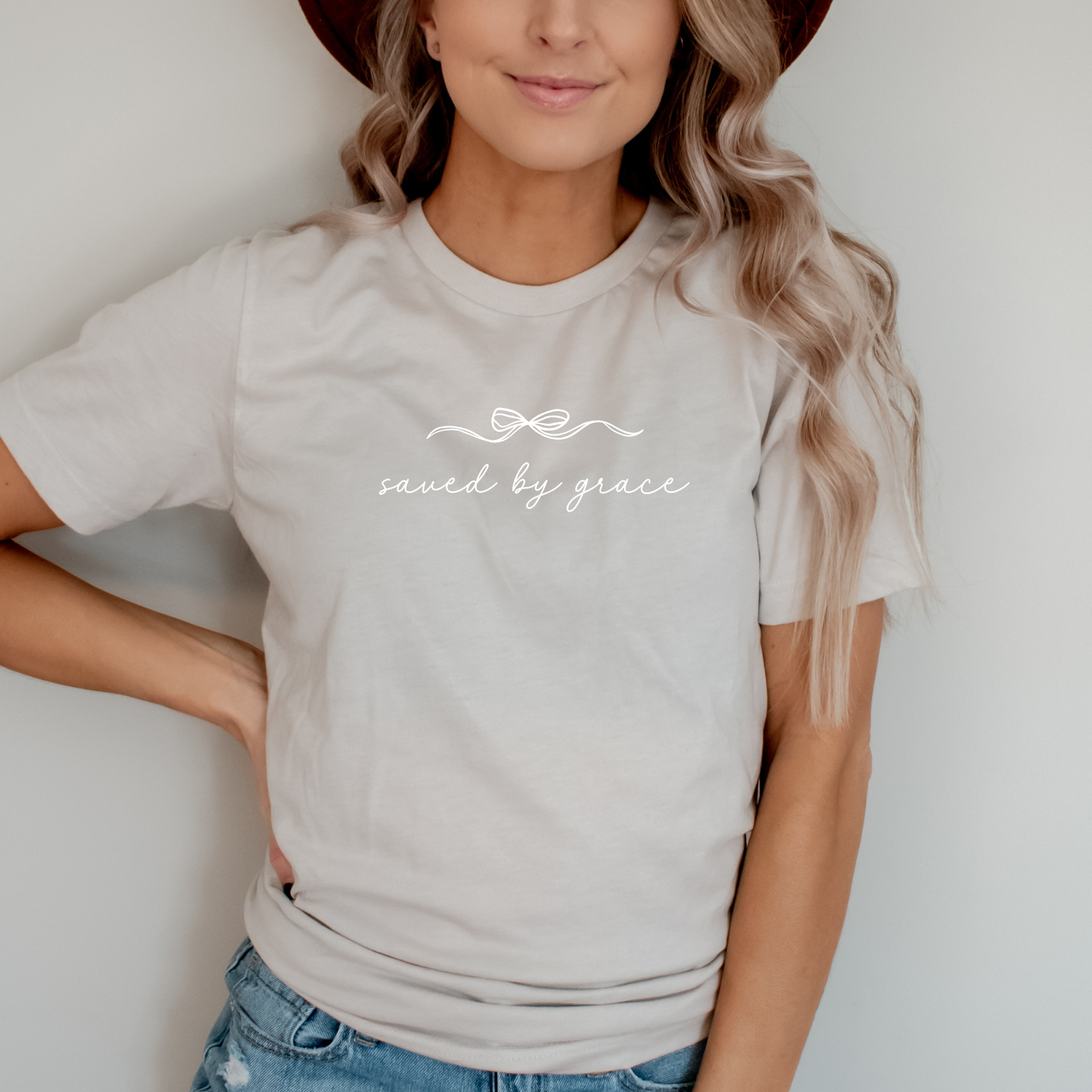Faith & Life Christian Brands - Saved By Grace Easter Spring Women's Christian Bow T-Shirt