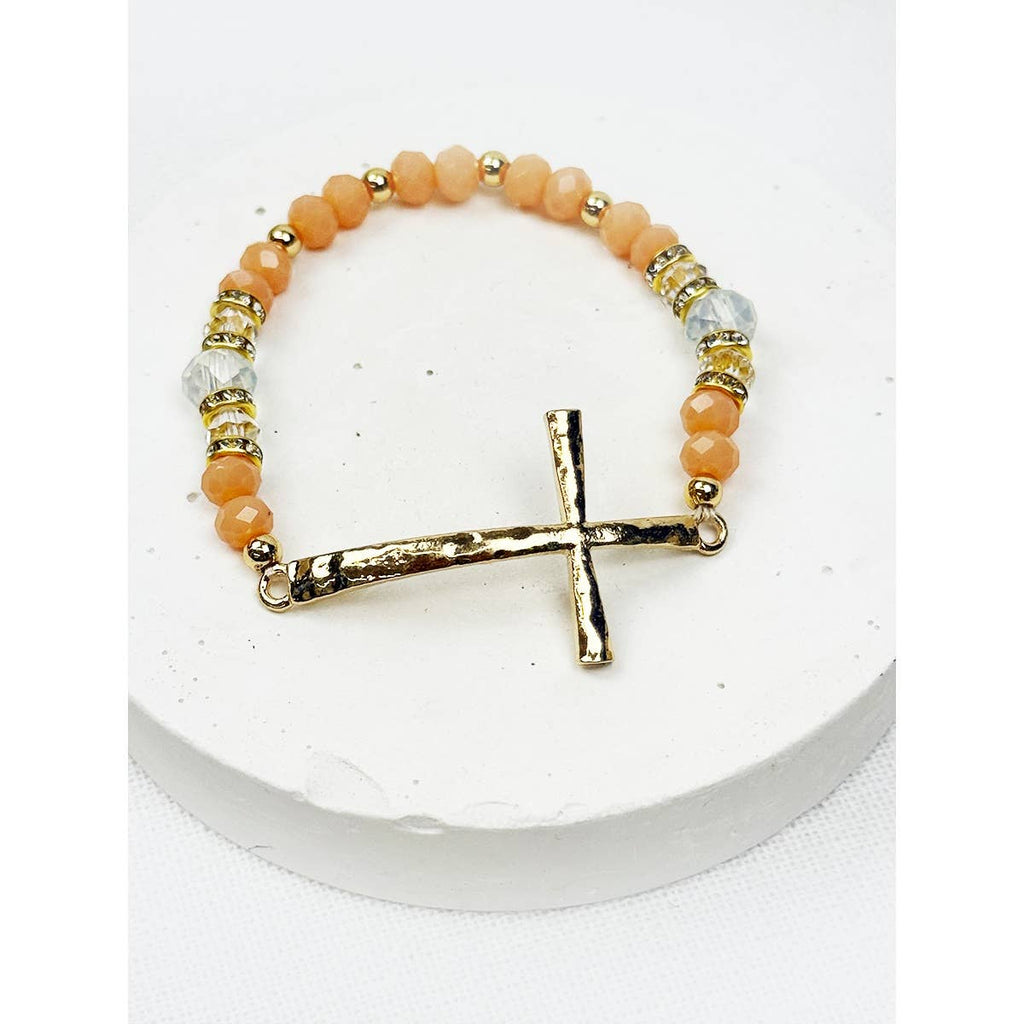 Love and Repeat - Hammered Cross Bead Stretch Bracelet