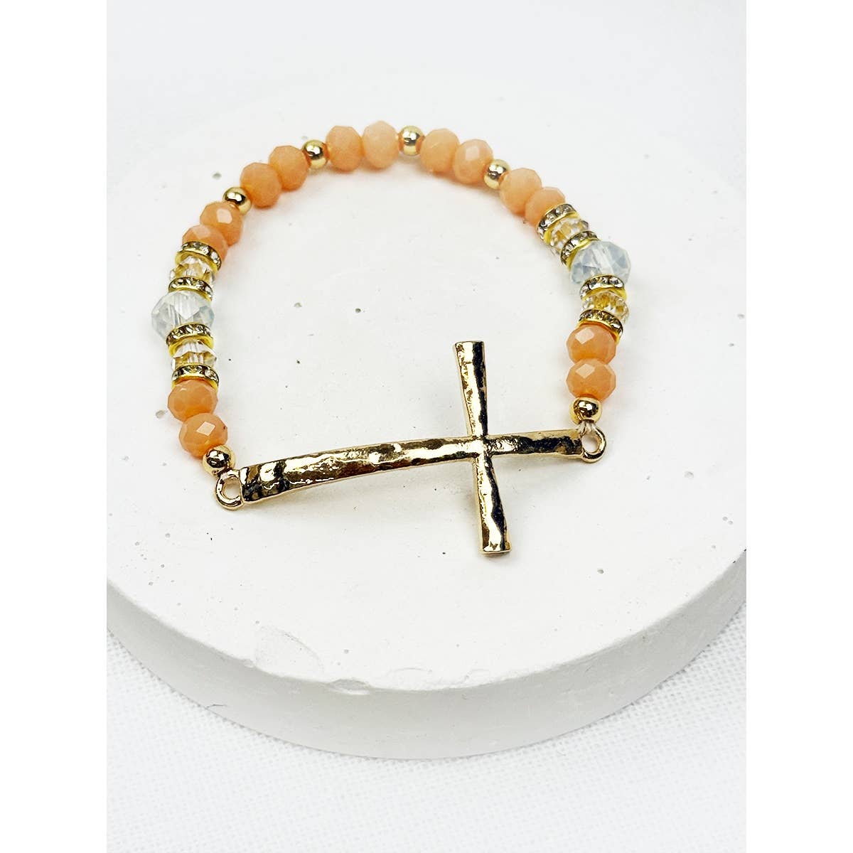Love and Repeat - Hammered Cross Bead Stretch Bracelet