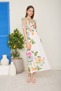 FLORAL TIE STRAP DETAIL EMPIRE WAIST MIDI DRESS