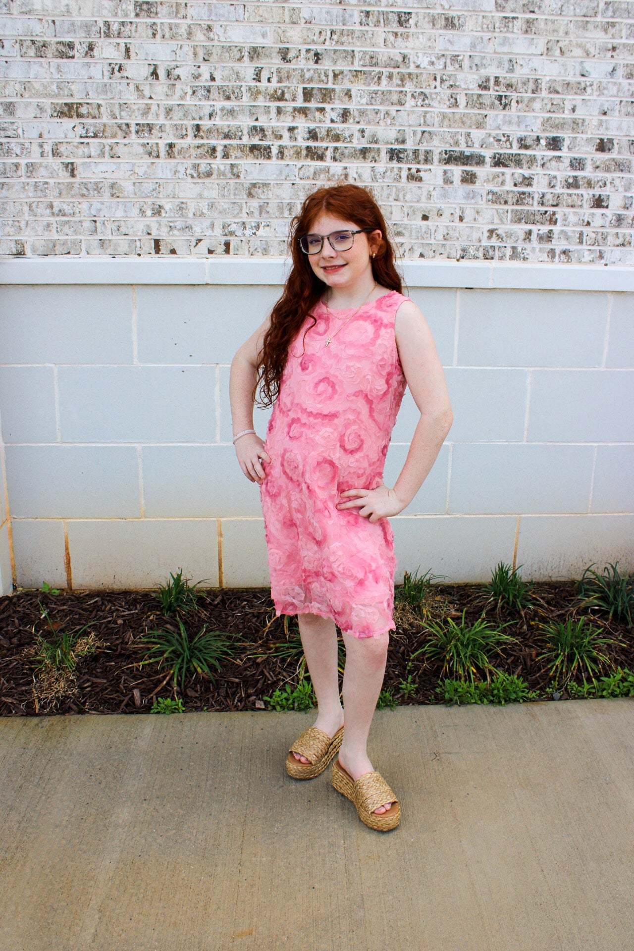 Girls Floral Textured Organza Tank Dress