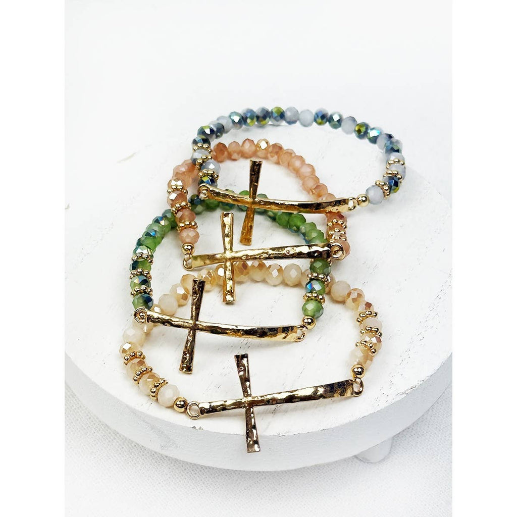 Love and Repeat - Hammered Cross Bead Stretch Bracelet