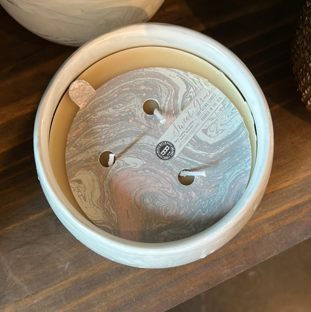 Candle in Marbled Gray and White jar.