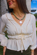 LADDER LACE TRIM V NECK LONG SLEEVE RUFFLE HEM TOP