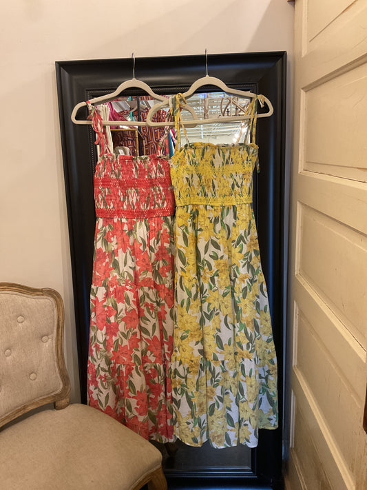 Embroidered Smocked Spaghetti Tie Midi Dress