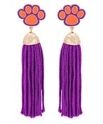 Purple tassel earrings with an orange tiger paw.
