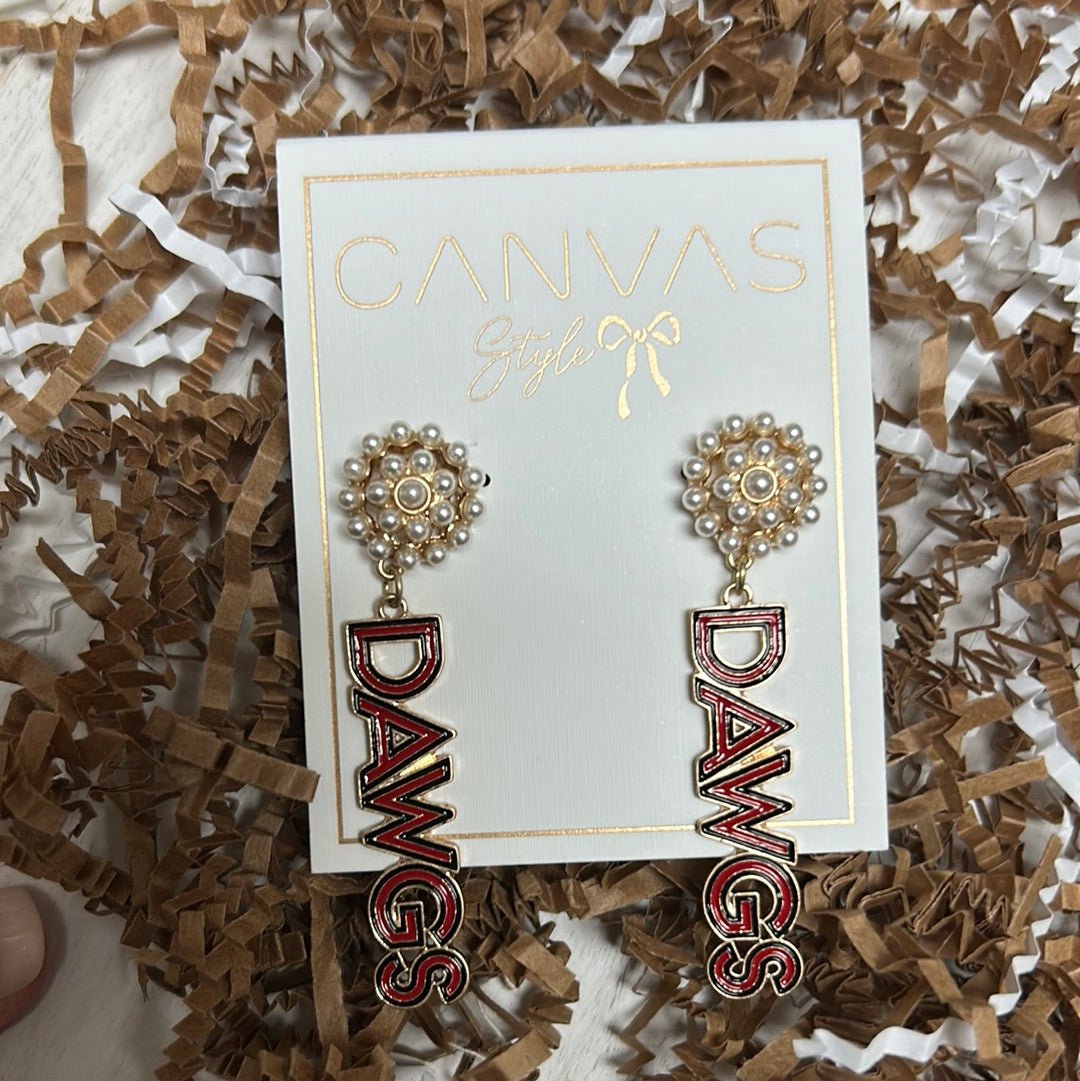 University of Georgia college drop earrings with pearl cluster studs featuring "DAWGS" in red and black.