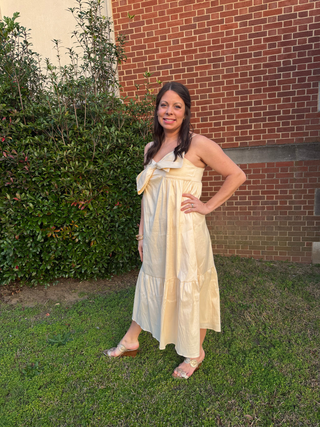 Adjustable Strap Midi Dress with Bow Detail