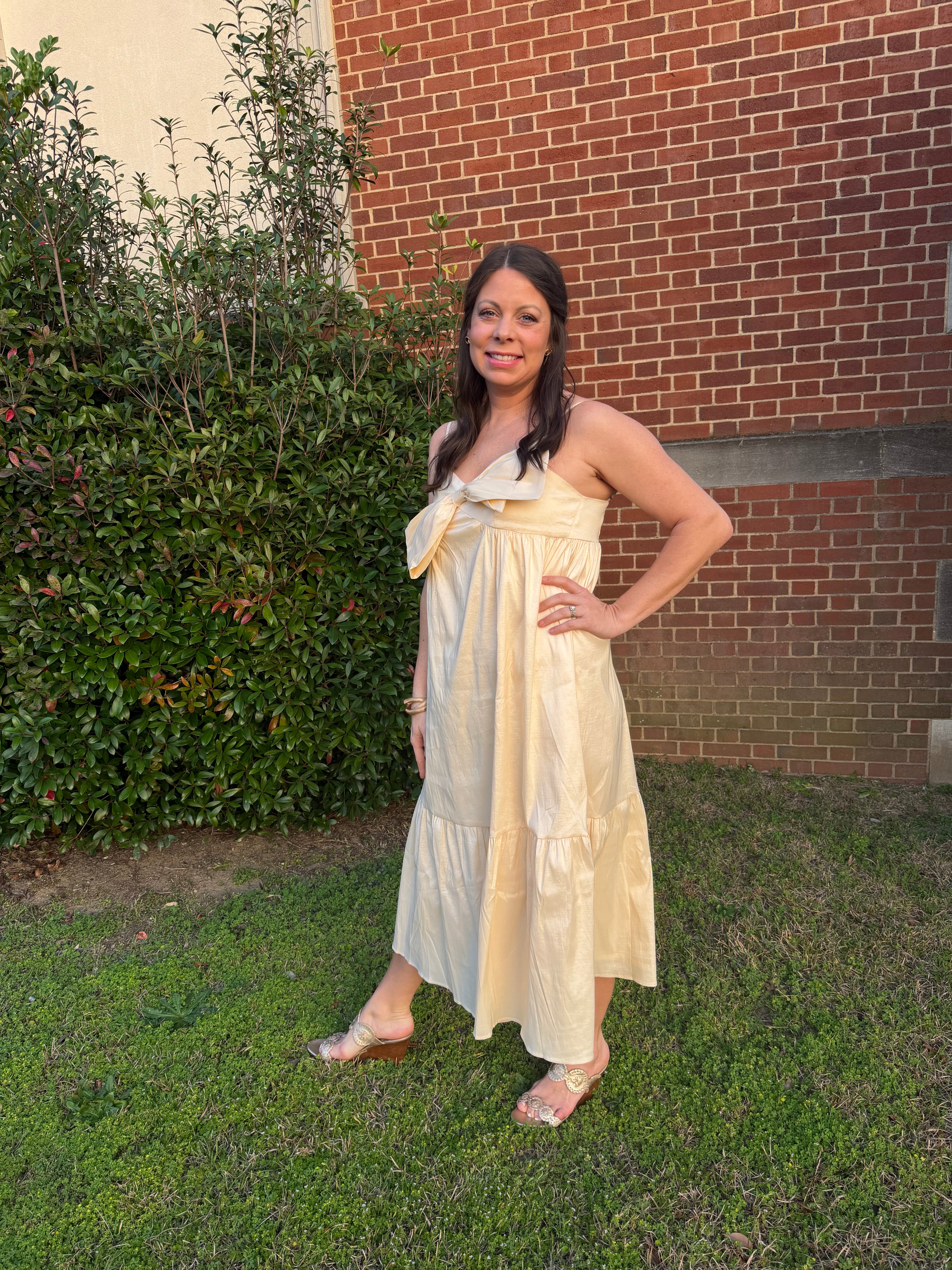 Adjustable Strap Midi Dress with Bow Detail