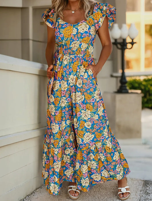 Floral Allover Print Shirred Cut Out
High Waist Jumpsuit