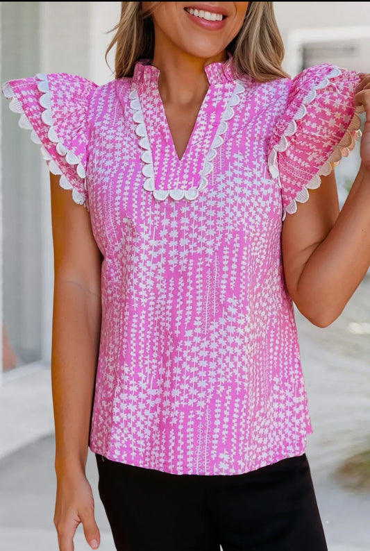 Abstract Print Ric Rac Trim Ruffled
Blouse