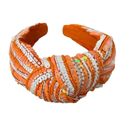 Orange and white sequin striped top knot headband.