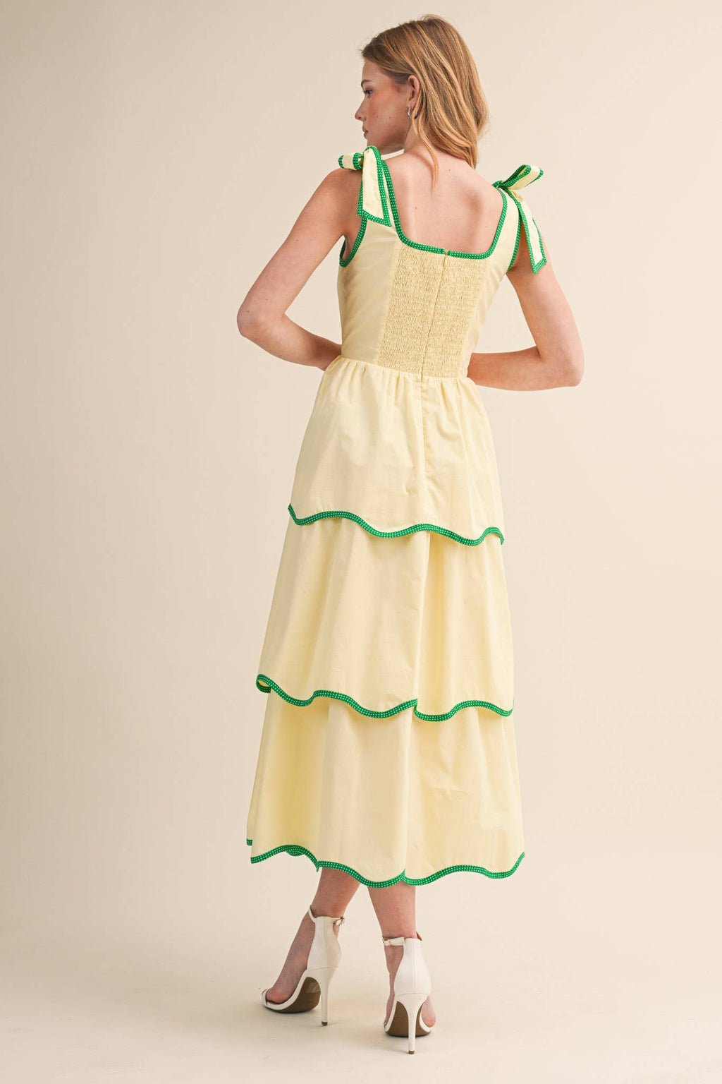 CONTRAST BINDING TIERED MIDI DRESS