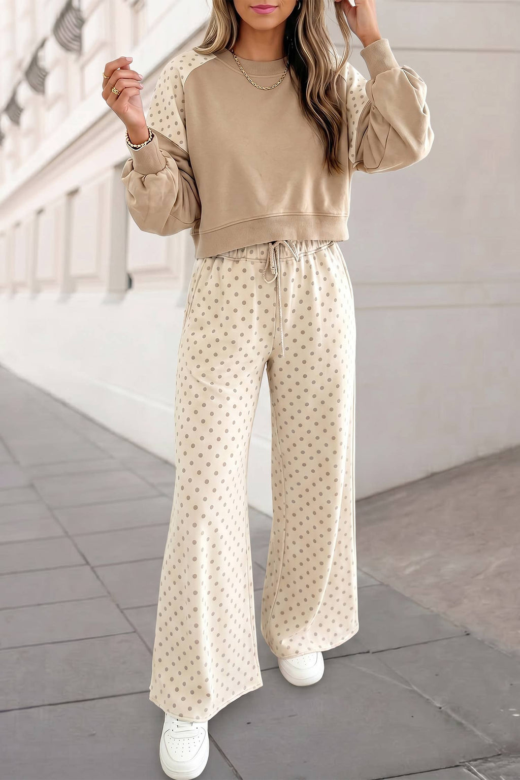 Aapparella - Polka Dot Colorblock Long Sleeve 2pcs Pants Set FW26 | S-XL