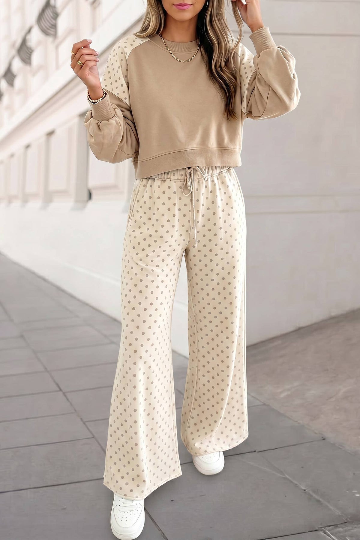 Aapparella - Polka Dot Colorblock Long Sleeve 2pcs Pants Set FW26 | S-XL
