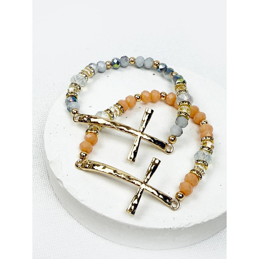 Love and Repeat - Hammered Cross Bead Stretch Bracelet