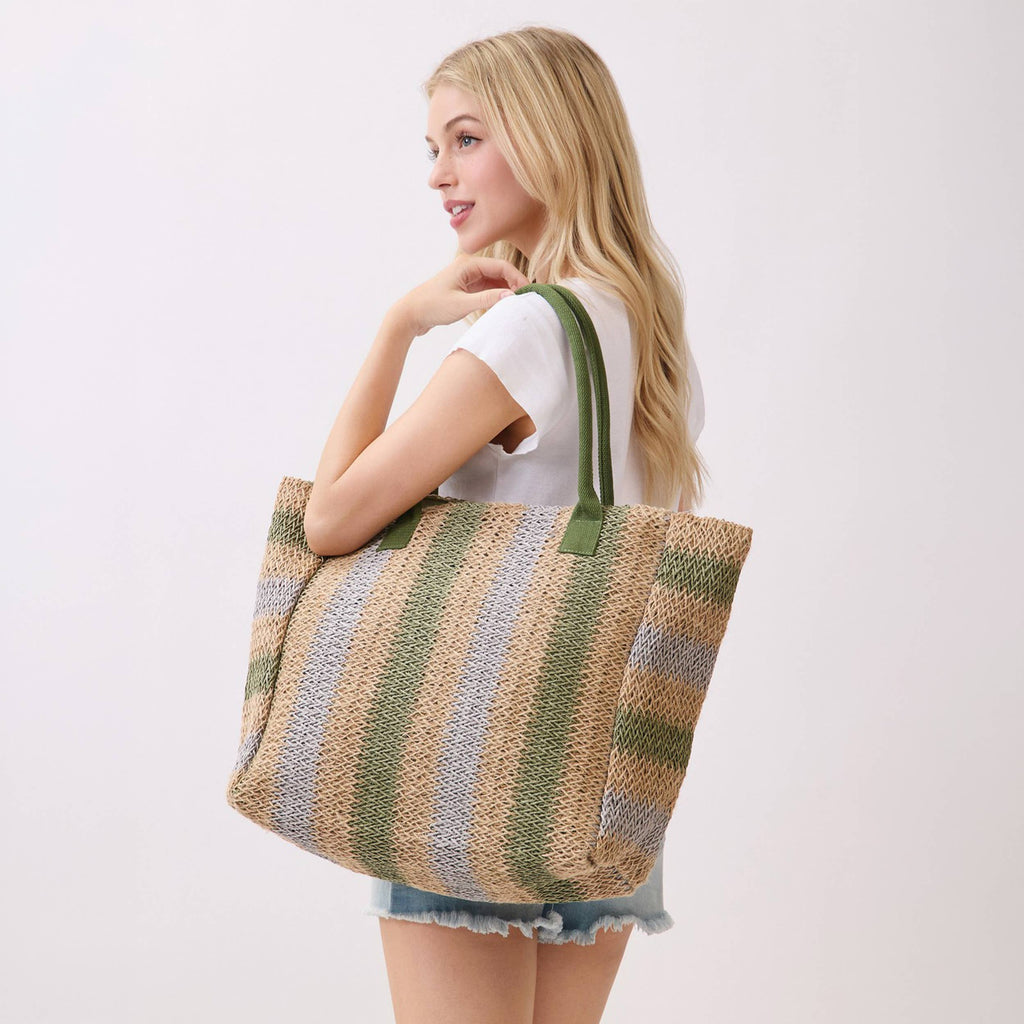 Hana - Multi Color Stripe Pattern Natural Brown Straw Tote Bag