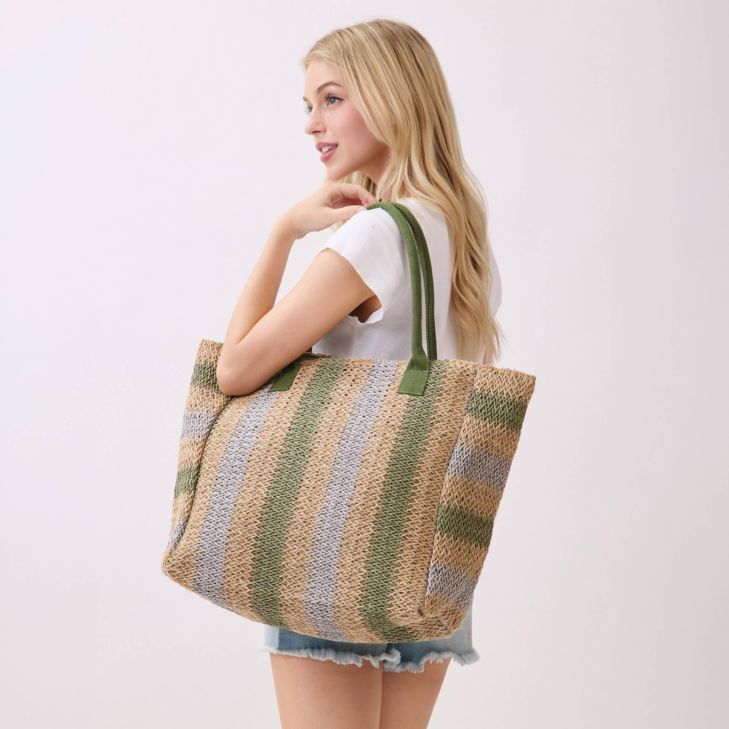 Hana - Multi Color Stripe Pattern Natural Brown Straw Tote Bag