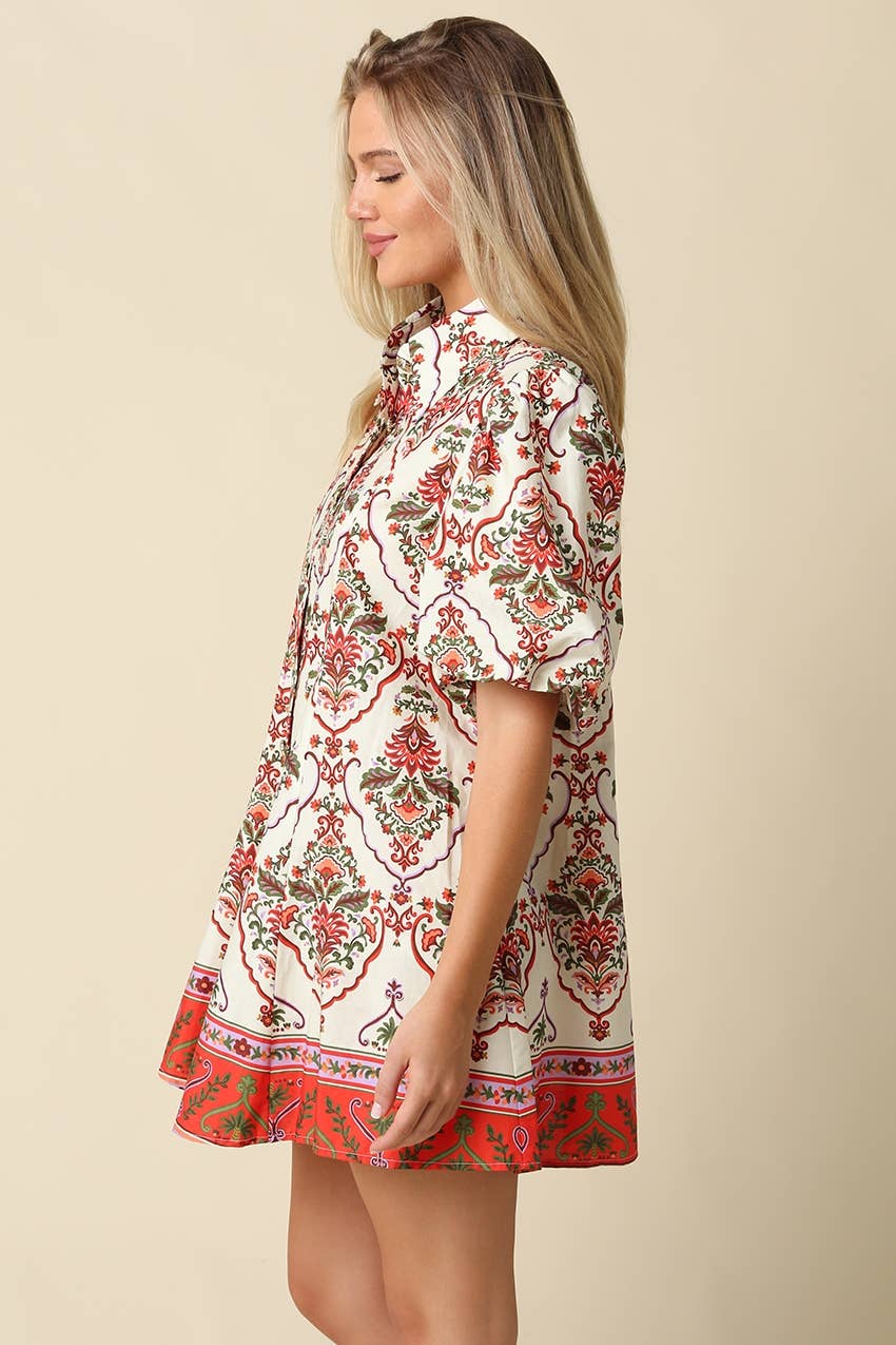 Olivaceous - Mary Print Puff Sleeve Mini Dress