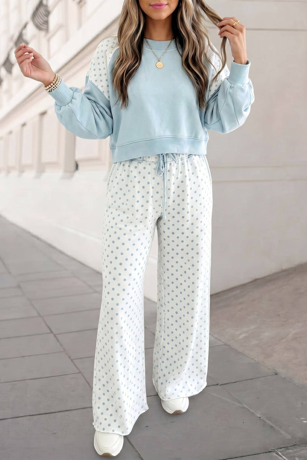 Aapparella - Polka Dot Colorblock Long Sleeve 2pcs Pants Set FW26 | S-XL