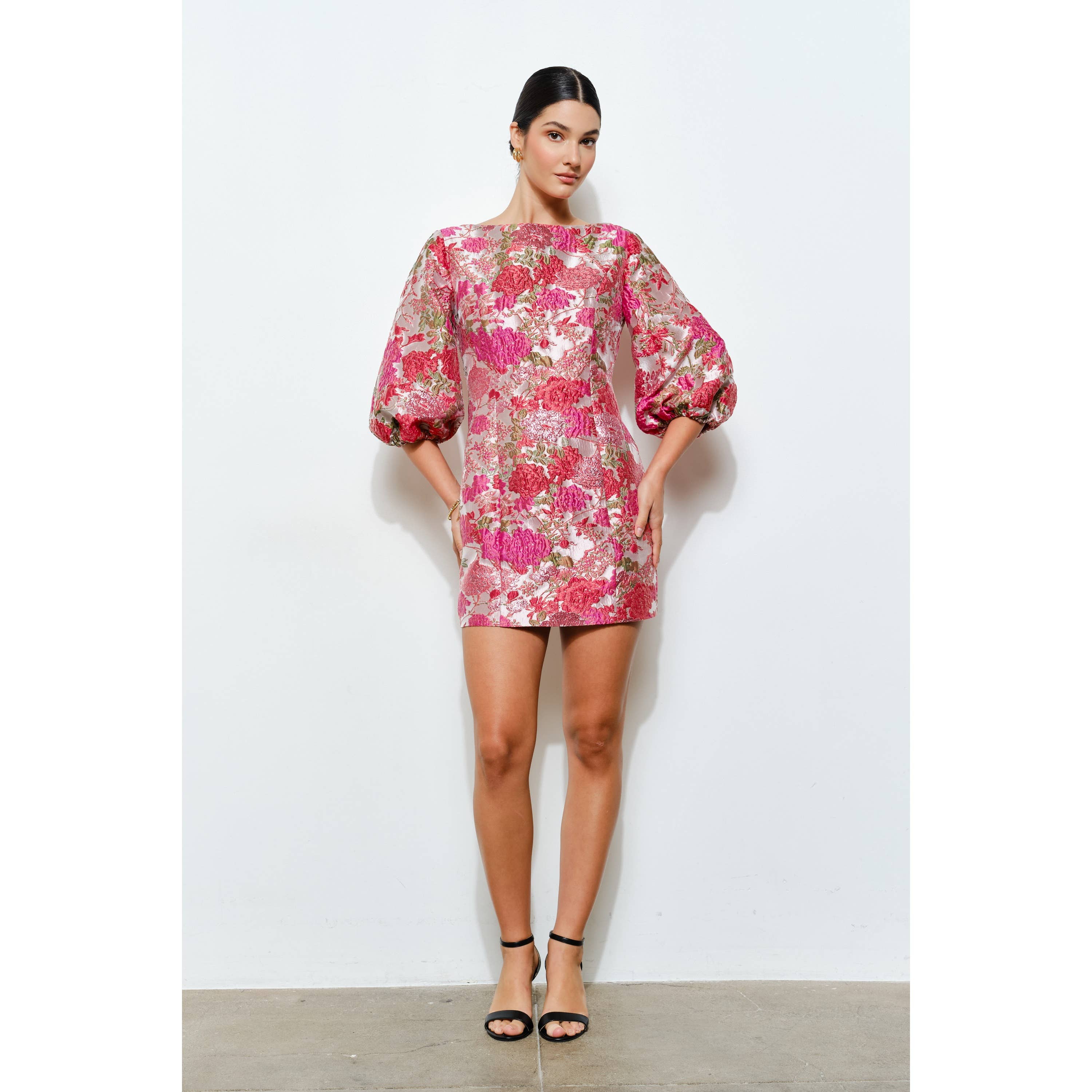 Luxe Metallic Floral Jacquard Puff 1/2 Mini Dress