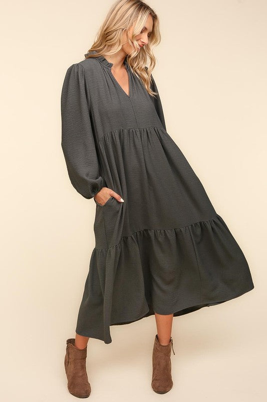 BABYDOLL WOVEN MAXI DRESS WITH SIDE POCKETS