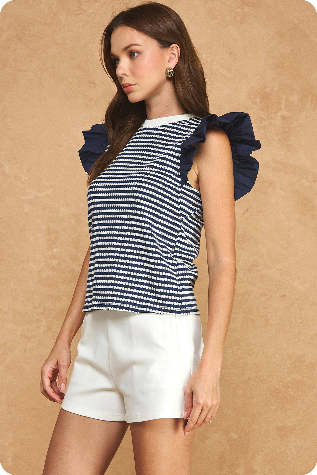 Strut & Bolt - Textured Stripe Bubble Ruffle Sleeve Knit Tee Top