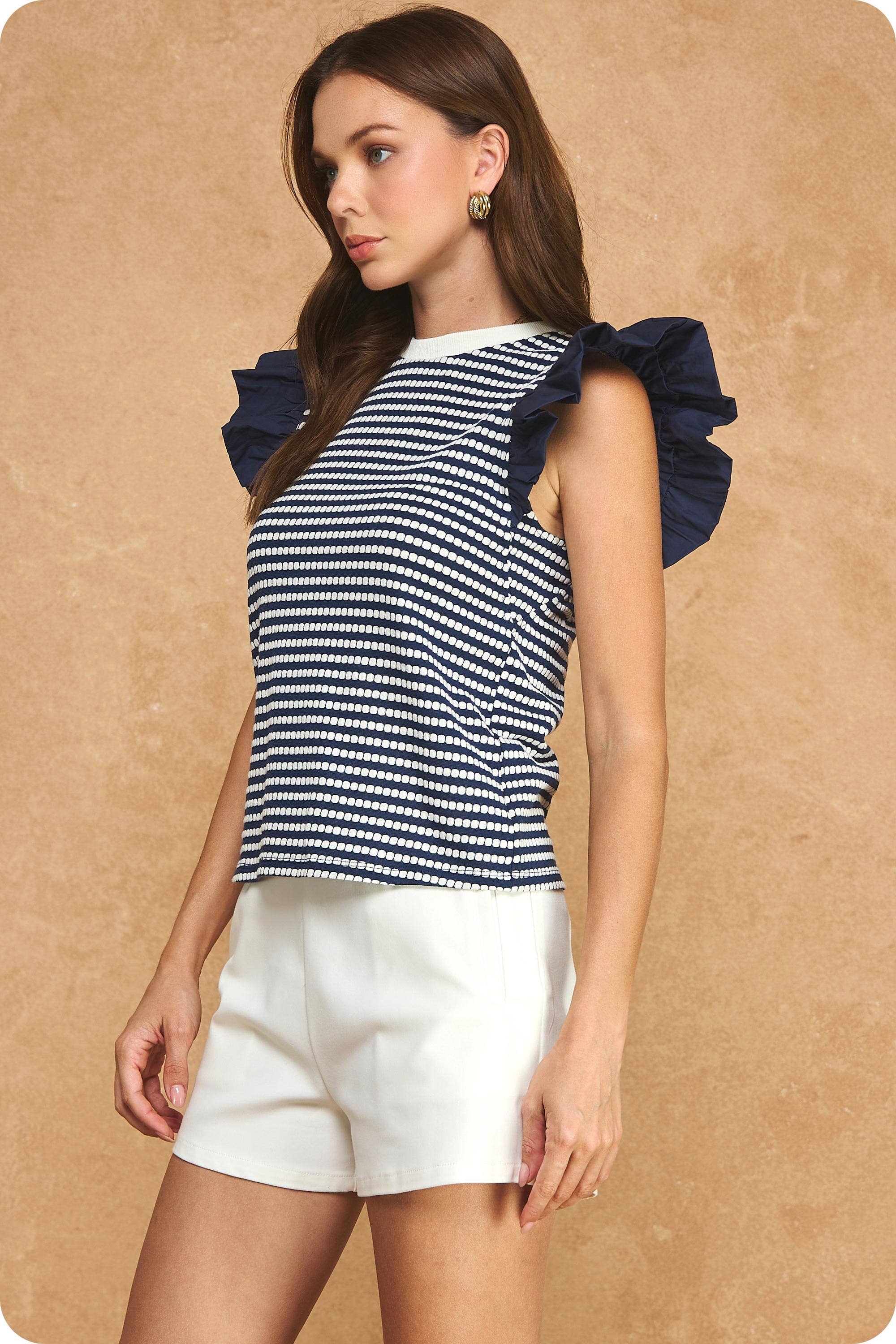 Strut & Bolt - Textured Stripe Bubble Ruffle Sleeve Knit Tee Top