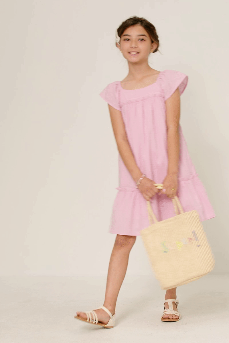 Girls Swiss Dot Ruffled Seamed Ruffle Shoulder Dress