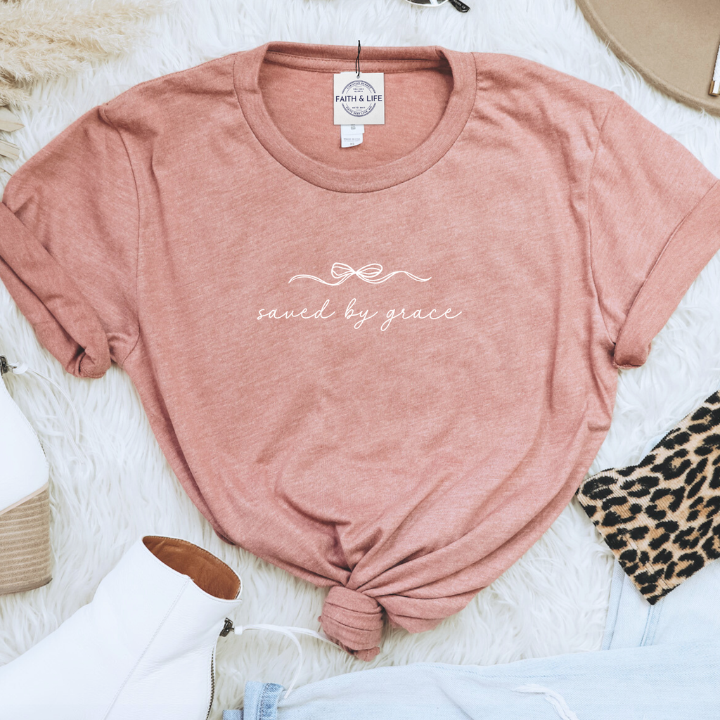 Faith & Life Christian Brands - Saved By Grace Easter Spring Women's Christian Bow T-Shirt