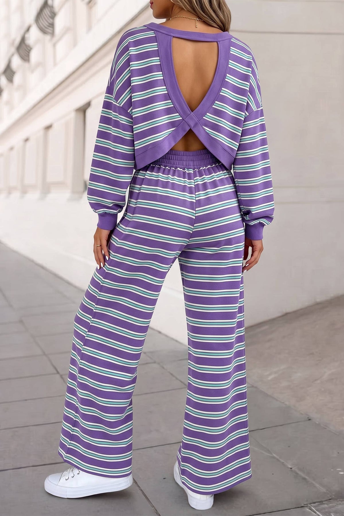 Aapparella - Striped Cutout Back Top &  Pants 2pcs Set | S-4X