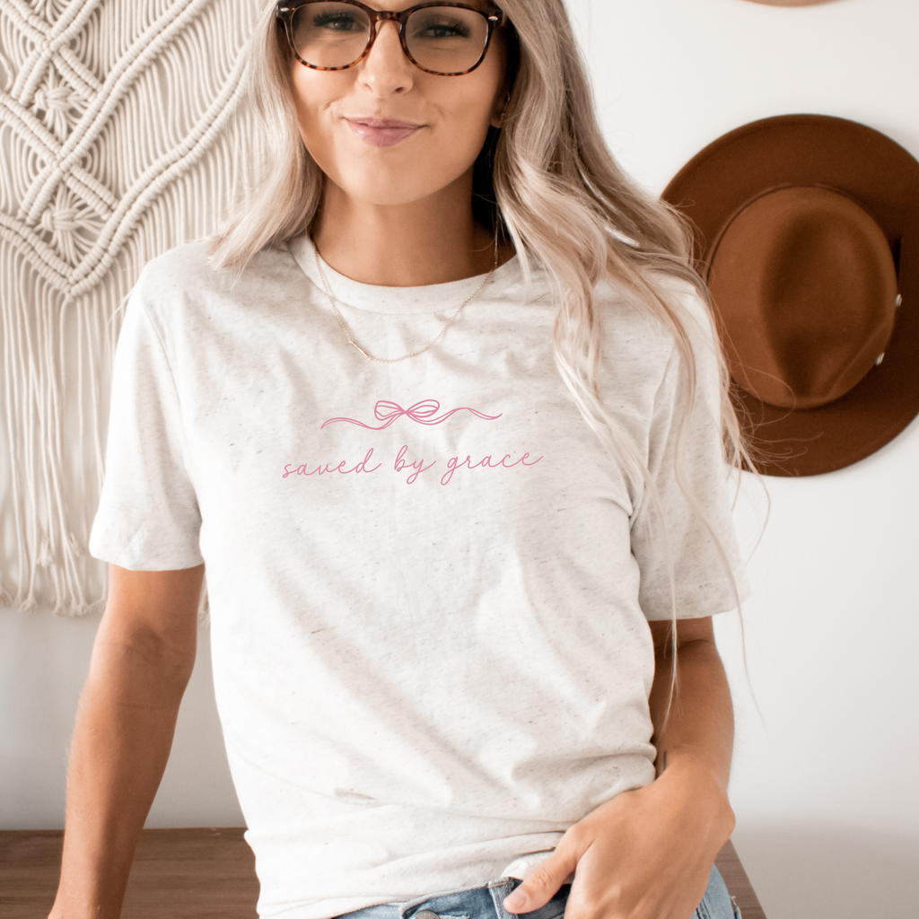 Faith & Life Christian Brands - Saved By Grace Easter Spring Women's Christian Bow T-Shirt