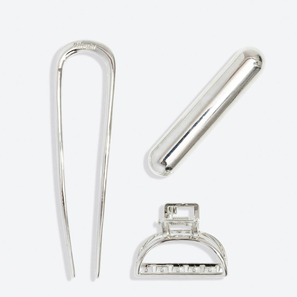 KITSCH - Mini Metal French Hair Pin & Clips 3pc Set - Silver
