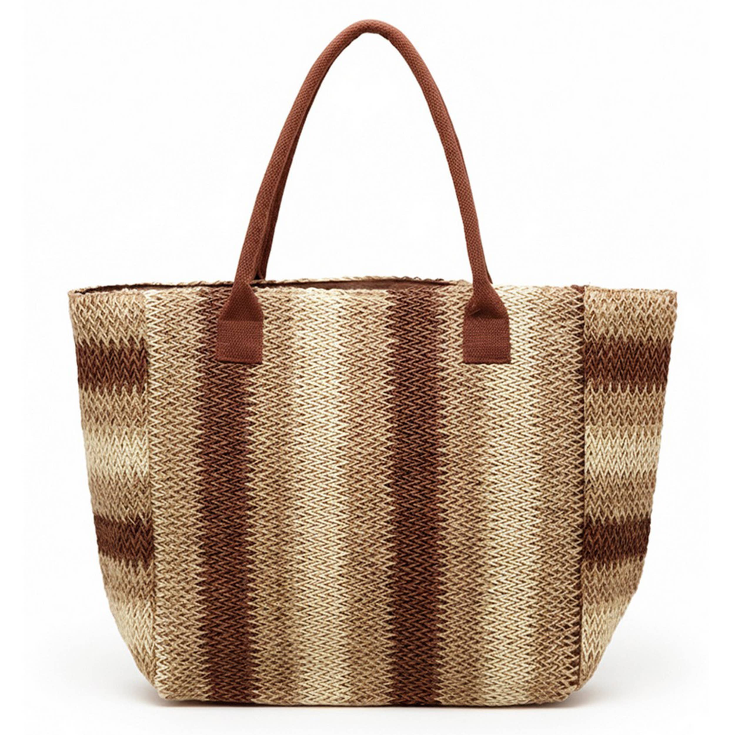 Hana - Multi Color Stripe Pattern Natural Brown Straw Tote Bag