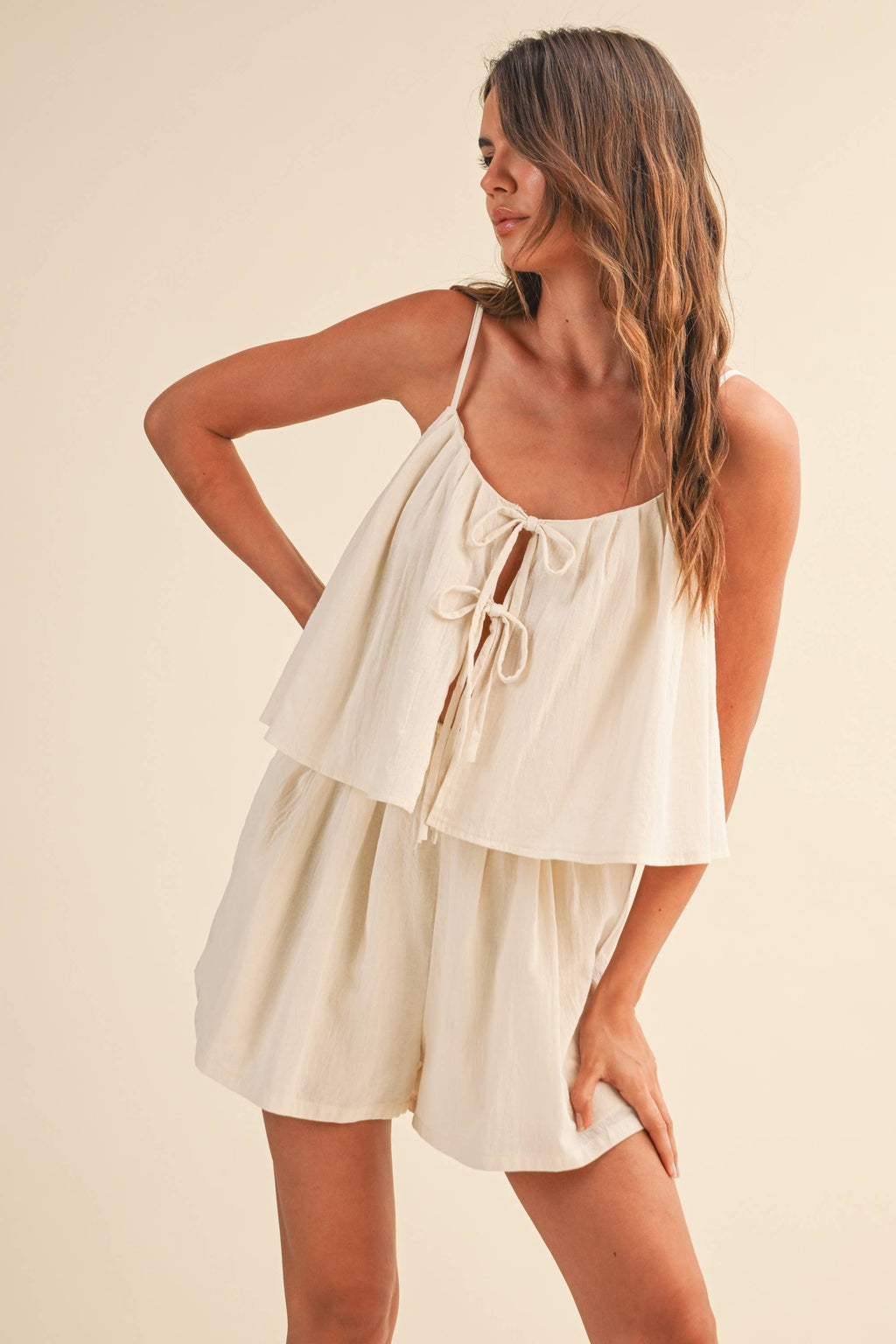 TIERED, FLOWY ROMPER/ FRONT-TIE ACCENTS AND TEXTURED