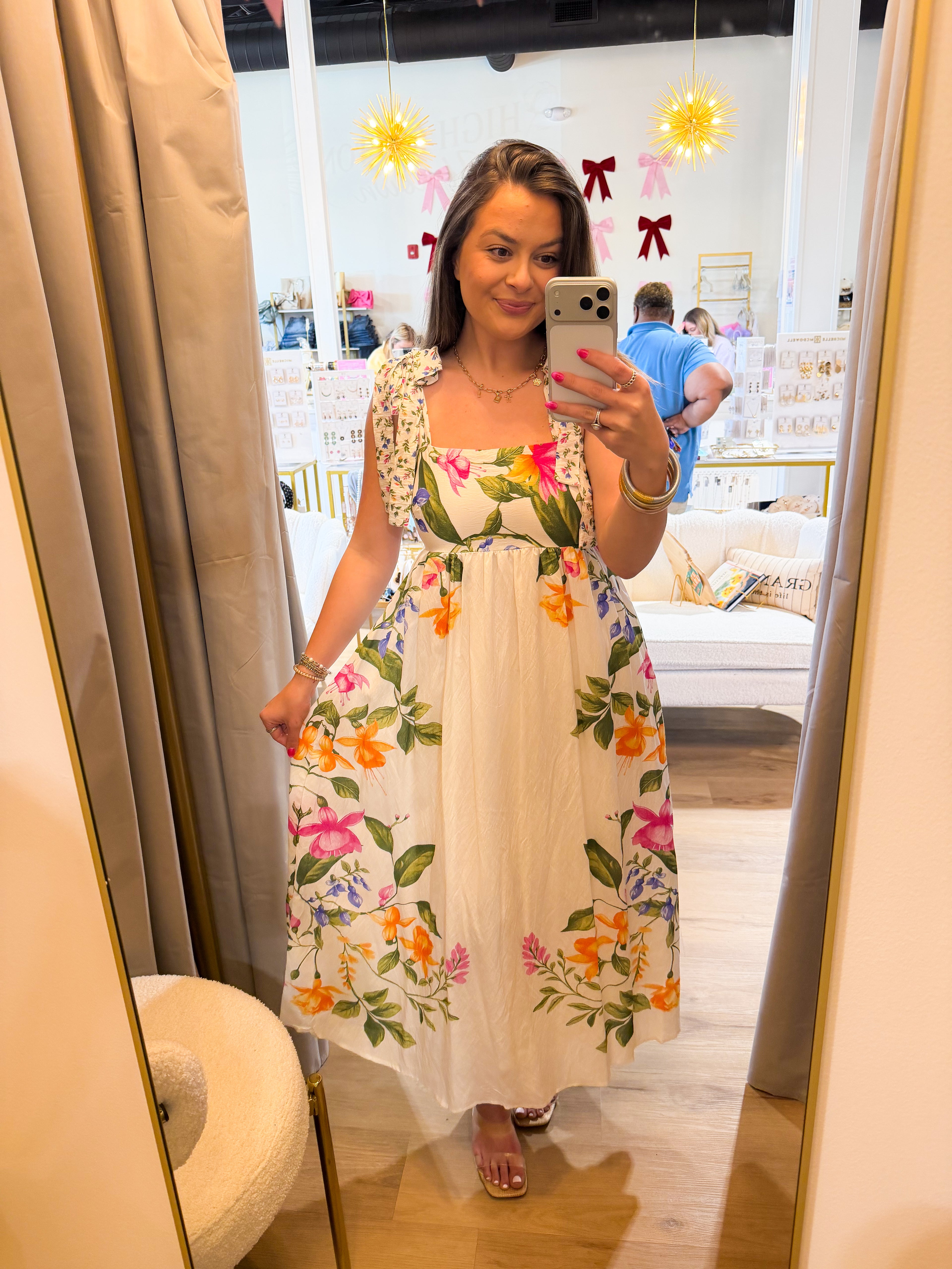 FLORAL TIE STRAP DETAIL EMPIRE WAIST MIDI DRESS