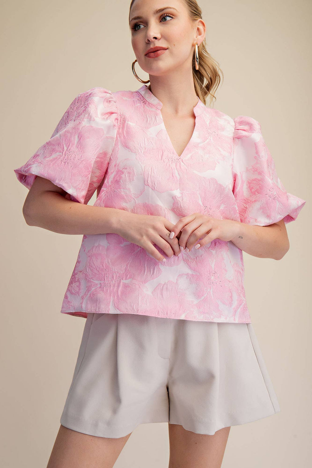 V-Neck Puff Sleeve Jacquard Top
