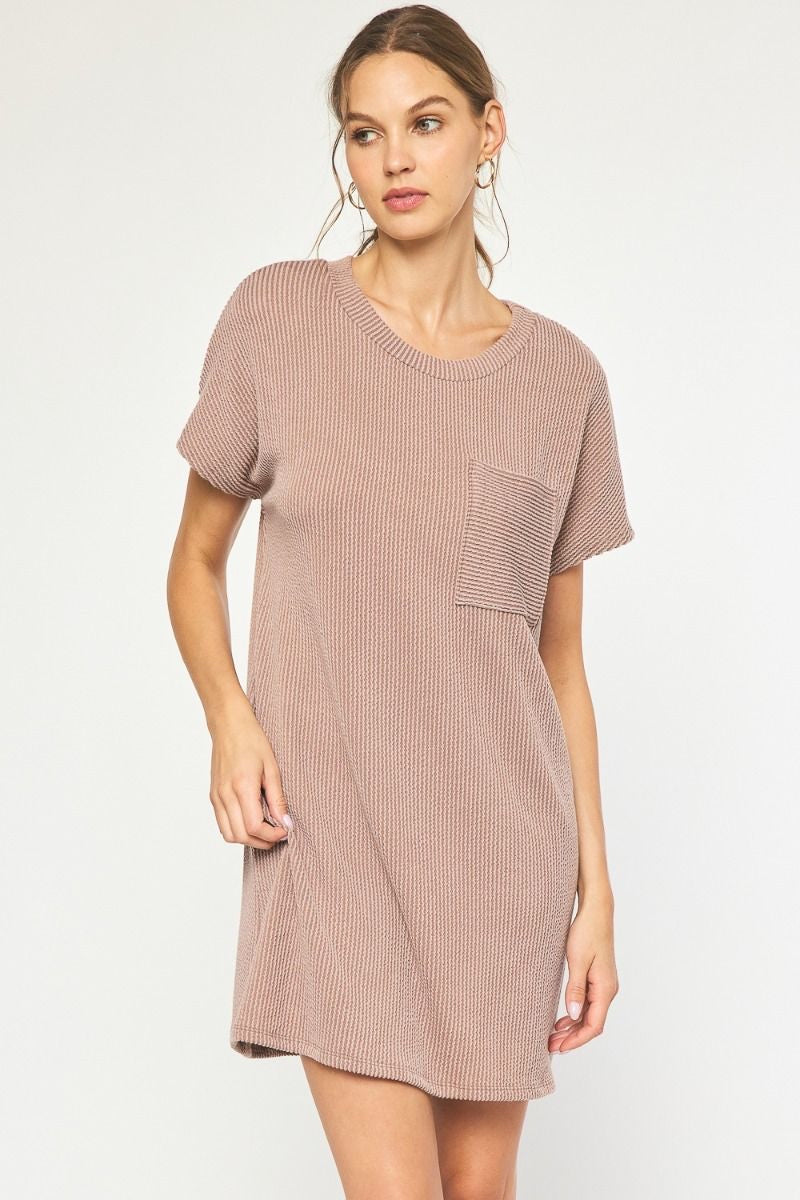 Model featuring acorn ribbed t-shirt dress.