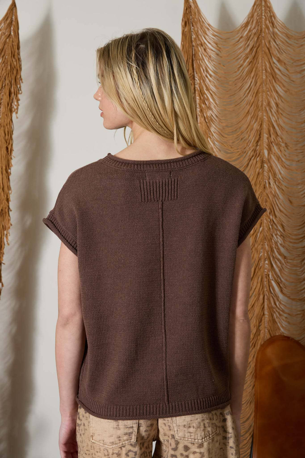 J.O.A - WESTERN EMBROIDERY SHORT SLEEVE KNIT SWEATER