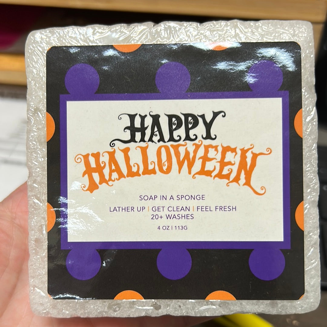 Caren "Happy Halloween" soap sponge shaped like a white square.