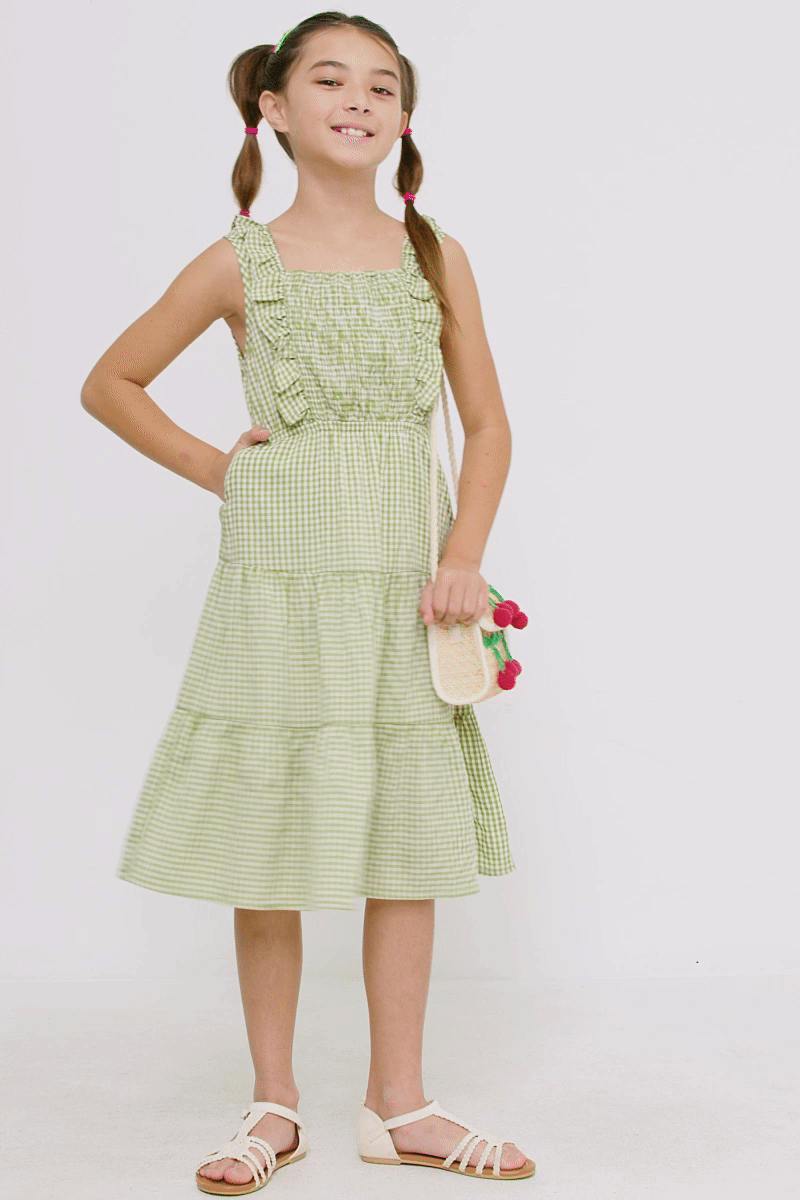 Girls Sleeveless Smocked Detail Ruffled Tiered Dress