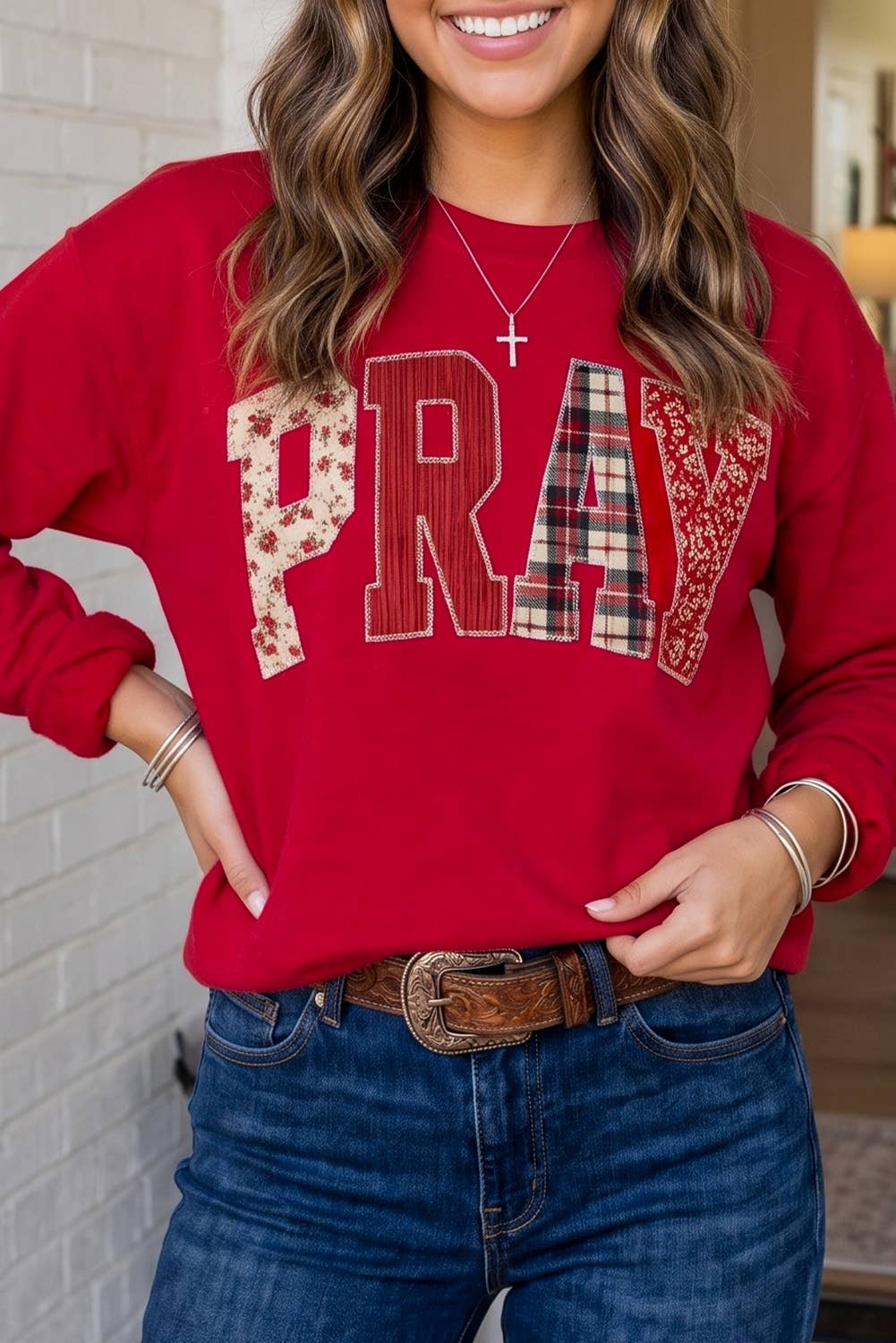 LA Society - LAS Western PRAY Plaid Letter Patchwork Sweatshirt (S-4X)