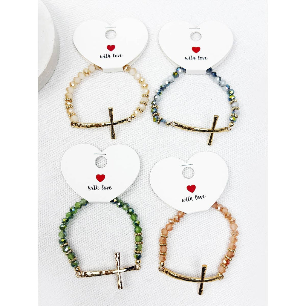 Love and Repeat - Hammered Cross Bead Stretch Bracelet