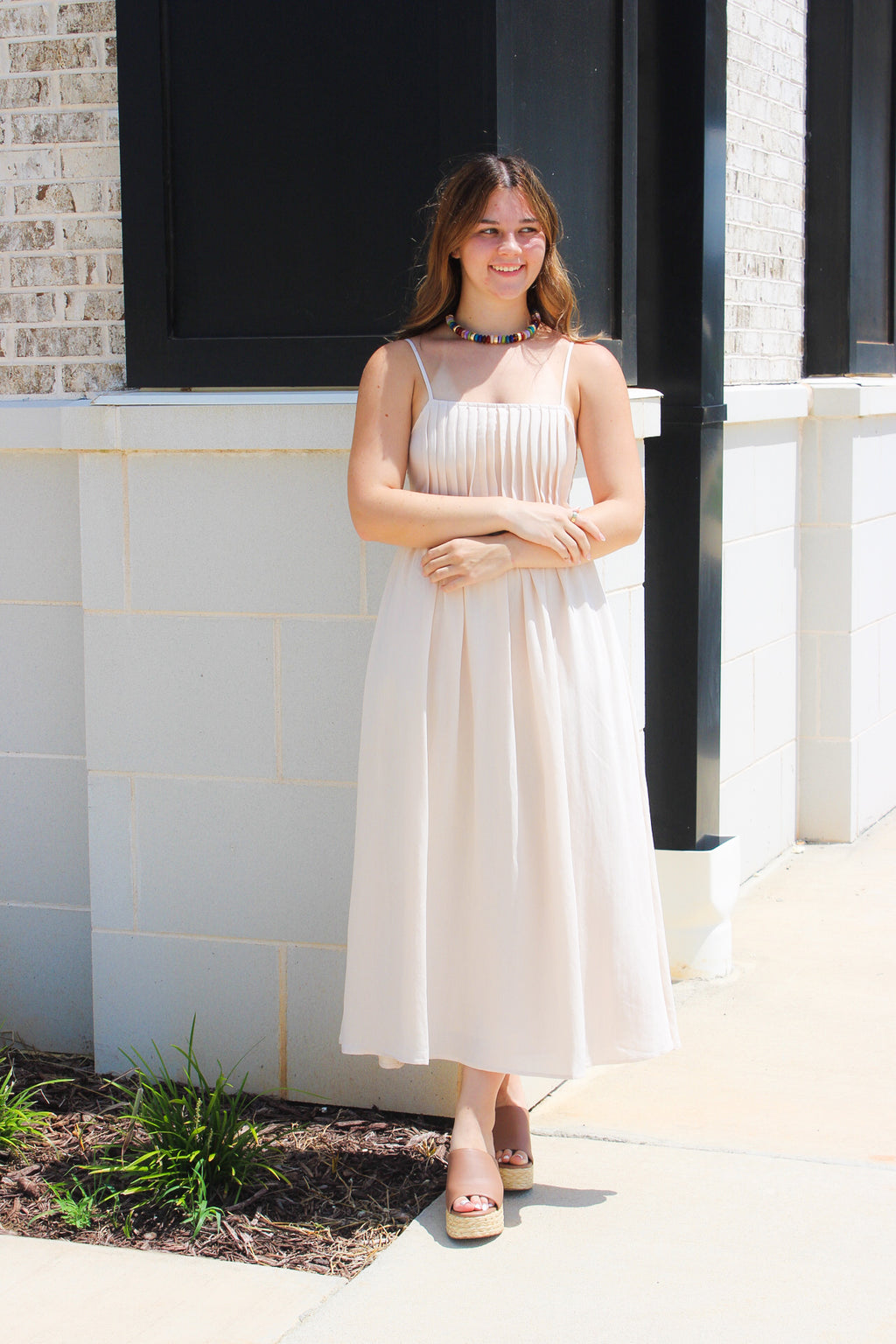 PINTUCK DETAIL SPAGHETTI STRAP MIDI SUNDRESS