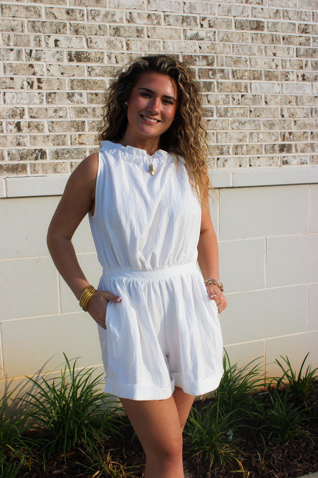 Ruffle Neck Tie Sleeveless Cuffs Hem Romper