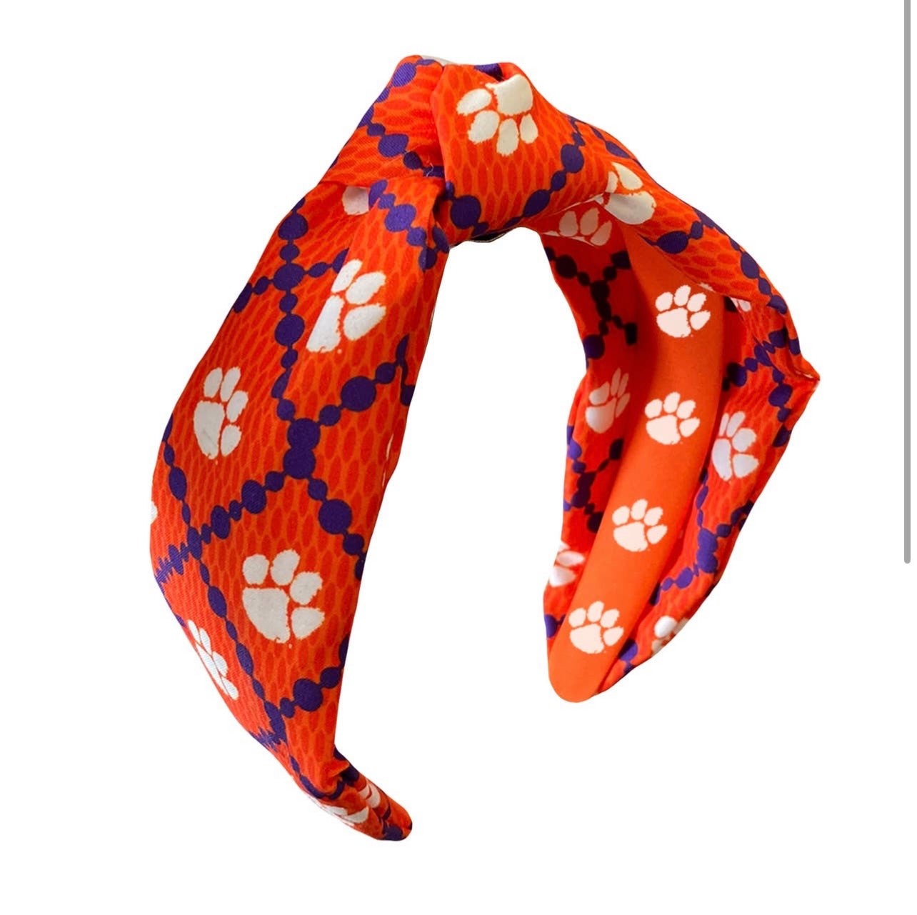 Clemson University College Top Knot Headband with tiger paw.