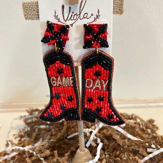 Red and black beaded boot dangling earrings displaying "Game Day".