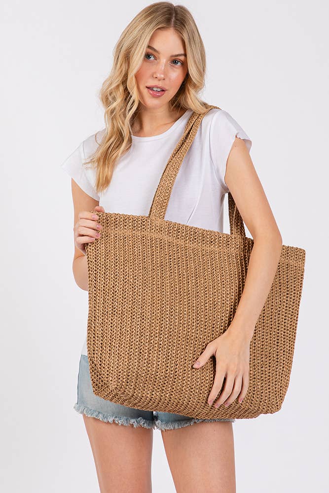 Solid Color Crochet Summer Straw Tote Bag